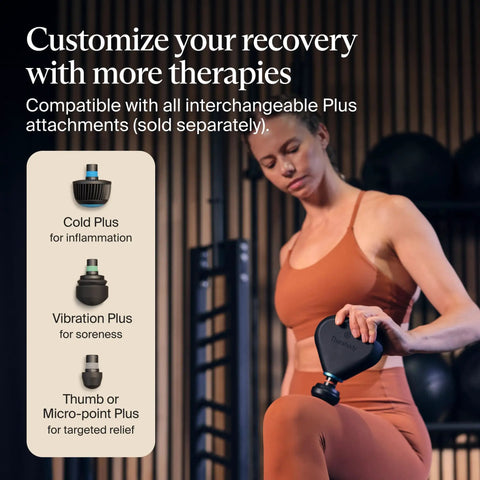 Woman using Mini Plus Massage Gun With Heat For Faster Recovery On The Go, Portable Percussive Therapy Device for deep tissue relief with attachments displayed.