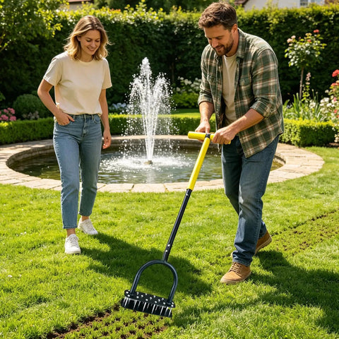 Manual Lawn Aerator Tool With T Handle And Stainless Steel Spikes For Deep Soil Loosening in garden near a fountain.