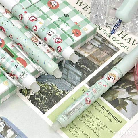 Four Piece Erasable Gel Pens With Retractable Cat Cartoons 0.5mm Black Ink Green Cat Pattern Cute Kawaii Style Writing Pens