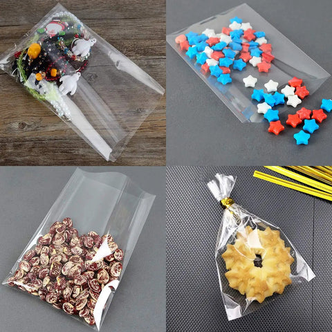 Clear Cake Pop Bags 3x5 Inches, 300 Pcs With Twist Ties, showcasing cake pops, star candies, popcorn, and a cookie, 1.4 mil OPP plastic bag