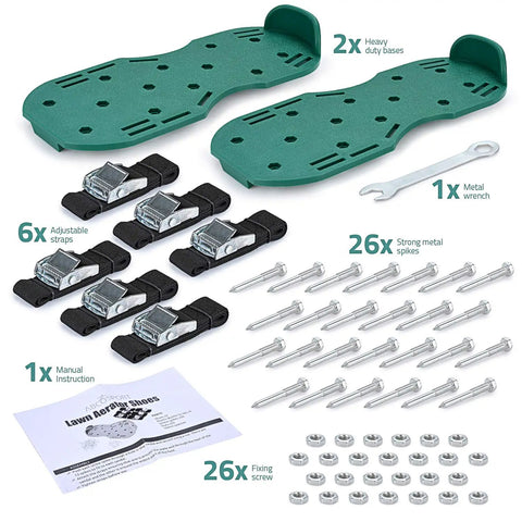 Lawn Aerator Shoes For Grass Health And Soil Ventilation Yard Aeration Tool with straps, spikes, wrench, and manual shown