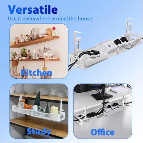 Massive 25 Point 3 Inch Under Desk Cable Management Box Clamp Mounted Cord Organizer Tray for kitchen, study, office use.