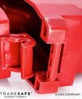 Heavy Duty Gate Valve Lockout Red Lockout Tagout Device close-up on hinge, OSHA compliant for 18 to 24 inch valve handles up to 5 inch stems