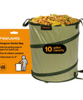 Kangaroo Collapsible Garden Bag For Yard Waste 10 Gallon Pop Up Bag Filled With Leaves Next To Packaging Label Showcasing Features