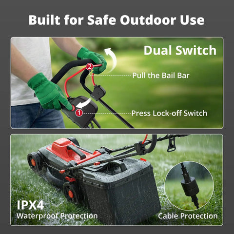 14-Inch Corded Electric Lawn Mower 2-In-1 With 12.5 Amp Motor, Gas-Free Power, Easy Push Start, Includes 10 Gallon Grass Collection Bag For Clean, Efficient Yard Work, shown with dual switch and waterproof cable protection