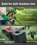 Powerful 12.5 Amp Two In One Corded Electric Lawn Mower With 14 Inch Deck, 3400 RPM, Easy Push Design For Small To Medium Yards, Mulch Or Bag Options, No Gas, Quiet, Durable, High Performance Yard Care showing dual switch and IPX4 waterproof protection