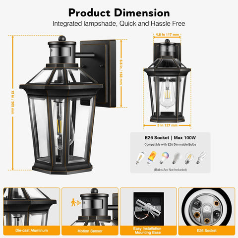 Motion Sensor Outdoor Wall Lantern In Black With Dusk To Dawn LED Exterior Sconce, dimensions and installation details shown