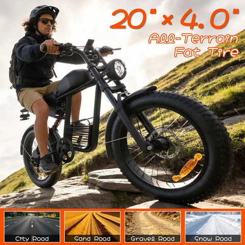 Rider on Electric Fat Tire Bike For Adults With Dual Peak 1500W 3000W Motor 35 MPH Top Speed 20 By 4 Fat Tires on a grassy hill.