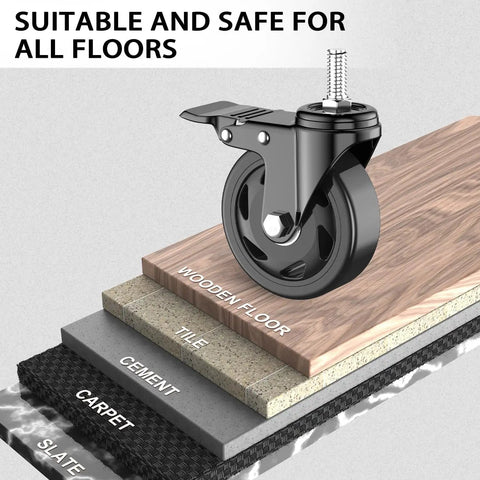 Top Shelf Heavy Duty Swivel Caster Wheel Set Of Four With Three Inch Polyethylene Tires And Three Eighths Threaded Stem Brakes Built Tough For Workshop Cart Heavy Load Carrying Smooth Free Roll Black on various floor types.