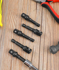 Impact Driver Socket Adapters Set Five Pieces In Durable Black Finish on wooden surface with tools around