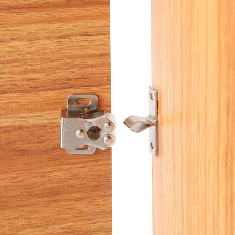 Smooth As Butter Stainless Steel Cabinet Latch Set With Double Roller Catch And Spear Strike Plate Including Mounting Screws For No Sweat Closet Hardware Upgrades on wooden cabinet doors.