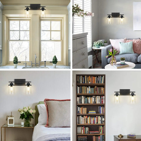 Matte Black Two Light Vanity Light Fixtures With Clear Glass Shades Over Mirror Wall Sconces in various home settings