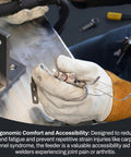 Welder using Lightweight TIG Wire Feeder For Precise Welds, 7 Inch Tension Control, Magnetic Vertical Rest, ergonomic handling.