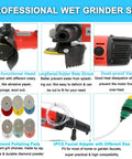 Professional wet grinder set showing multi-functional head, rubber shroud, dust-proof vent, polishing pads, and faucet adapter.