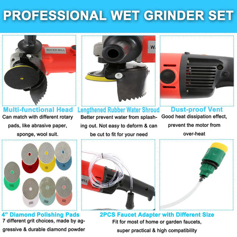 Professional wet grinder set showing multi-functional head, rubber shroud, dust-proof vent, polishing pads, and faucet adapter.