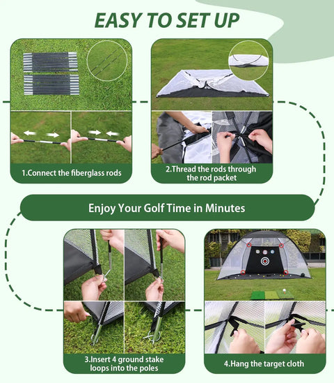 Easy setup instructions for All In One 10x7ft Golf Practice Net Set With Foldable Tri Turf Hitting Mat Scoreboard Golf Tee Carry Bag