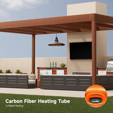 1500W Infrared Ceiling Outdoor Heater With Quick 1 Second Heat Wall Mounted Hanging Patio Heater For Gazebo And Balcony 360 Degree Heating Weatherproof Brown Finish For Year Round Outdoor Comfort installed under wooden gazebo.