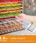 Heavy Duty Digital Food Dehydrator With Fifteen Roomy Trays For No Sweat Drying Of Herbs Berries Carrots And Custom Pet Jerky 1000 Watt Rock Solid Shop Grade Machine 110V with 15 trays of assorted fruits and vegetables.