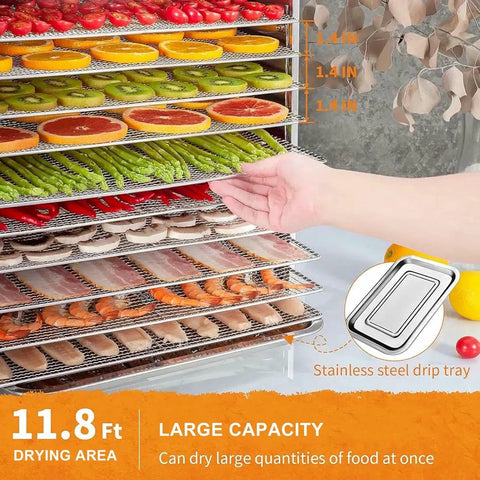 Heavy Duty Digital Food Dehydrator With Fifteen Roomy Trays For No Sweat Drying Of Herbs Berries Carrots And Custom Pet Jerky 1000 Watt Rock Solid Shop Grade Machine 110V with 15 trays of assorted fruits and vegetables.