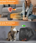 Small Space Heater With Overheat Protection, 500W PTC Ceramic, showing auto-off safety features and a cat near the heater.