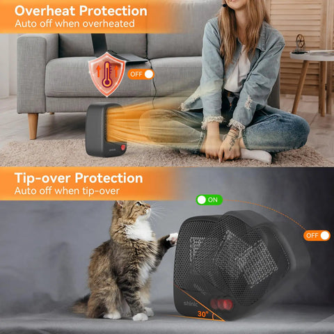 Small Space Heater With Overheat Protection, 500W PTC Ceramic, showing auto-off safety features and a cat near the heater.
