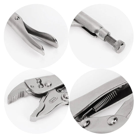 Close-up of 7 Inch Curved Jaw Locking Pliers With Wire Cutter And Adjustable Wrench, Heavy Duty Alloy Steel Tool.