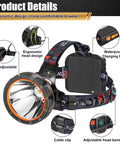 Rechargeable Headlamp With Ergonomic Separation Design showcasing 90° adjustable beam, waterproof charging port, and adjustable headband.