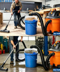 Low-Profile Cyclone Dust Separator with 2-1/2 Inch Hose in workshop, collecting dust and water from the floor