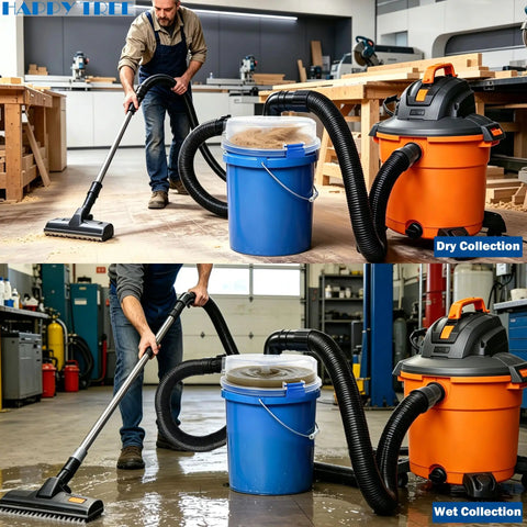 Low-Profile Cyclone Dust Separator with 2-1/2 Inch Hose in workshop, collecting dust and water from the floor