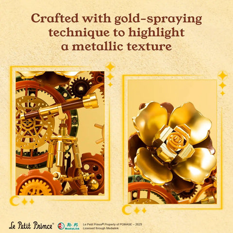 Little Prince Starry Journey Building Set featuring gears, telescope, and golden rose with vintage pocket-watch aesthetics.