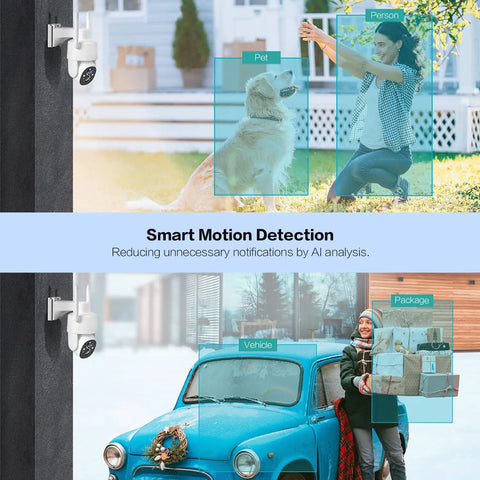 Battery Powered Wireless Outdoor Security Camera With 2K Color Night Vision in use with smart motion detection on pet and people