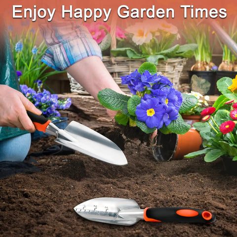 Two Pack Garden Shovel And Trowel Set Heavy Duty For Digging And Planting Includes Wide Trowel With Measurement Mark And Compact Hand Shovel Great For Transplanting Beds Potting And Raised Garden Beds, person using tools for planting flowers in a garden bed.