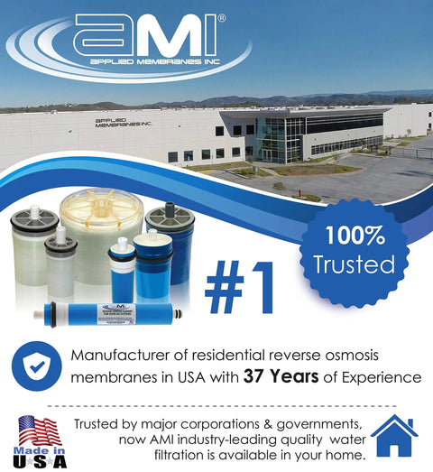 Heavy Duty Inline Carbon Water Filter For Smooth Sipping Tap And Reverse Osmosis With Quarter Inch Quick Connect Coconut Shell Cartridge displayed with AMI facility and products.