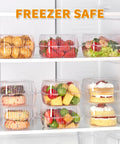 50 Pack Clear Plastic Takeout Containers with Hinged Lids for Cookies, Desserts, Fruits, Salads, Sandwiches in fridge, labeled 'FREEZER SAFE'.