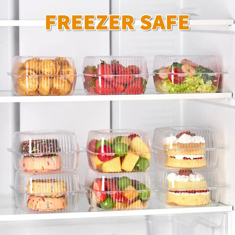 50 Pack Clear Plastic Takeout Containers with Hinged Lids for Cookies, Desserts, Fruits, Salads, Sandwiches in fridge, labeled 'FREEZER SAFE'.