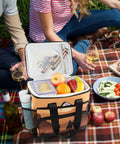 Desert Cowboy Insulated Lunch Bag with shoulder strap filled with fruits and snacks, 15L capacity, on picnic blanket
