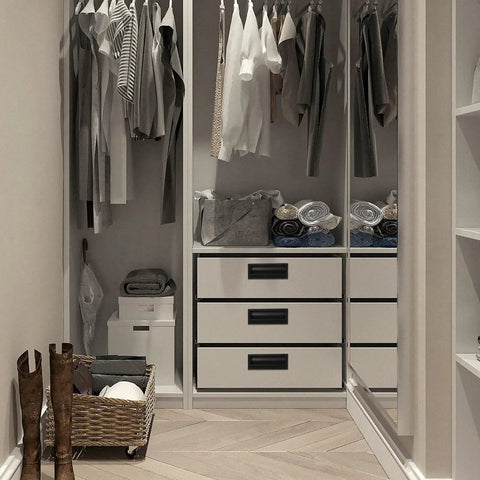 2 Pack Invisible Embedded Cabinet Handles for Flush Mount, Low Profile Black Drawer Pulls for Cabinets and Wardrobes shown in a wardrobe