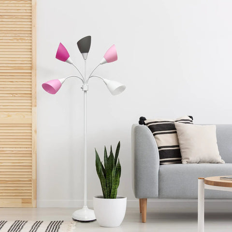 Medusa Five Light Adjustable Gooseneck Floor Lamp With White Base And Pink White Gray Shades Tall 67 Inch in living room