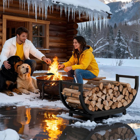 Sturdy Steel Firewood Rack For Indoor And Outdoor Use 32 Inch Log Holder beside a couple by a firepit in snow.
