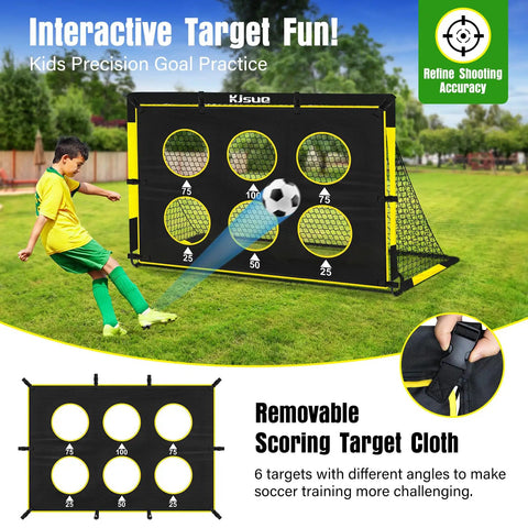 Two 6x4 Ft Portable Soccer Goals For Backyard Play With Detachable Scoring Target, ball and pump, training nets in use