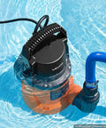 Heavy Duty Submersible Water Pump Delivers Knockout 3300GPH Flow With Zero Point Seven HP Motor in a swimming pool setting.