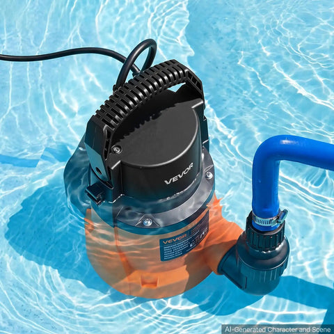Heavy Duty Submersible Water Pump Delivers Knockout 3300GPH Flow With Zero Point Seven HP Motor in a swimming pool setting.