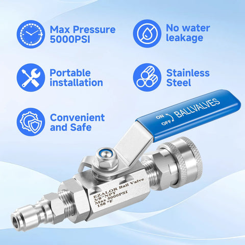 Beefed-Up 3/8 Inch Quick Connect Shut Off Ball Valve for Pressure Washer Hose Stainless Steel 5000 PSI with easy lever action