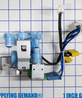 Model-Specific Fridge Water Inlet Valve Assembly with bracket and harness, shown against a 1-inch grid backdrop.