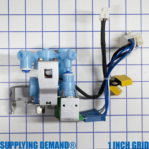 Model-Specific Fridge Water Inlet Valve Assembly with bracket and harness, shown against a 1-inch grid backdrop.