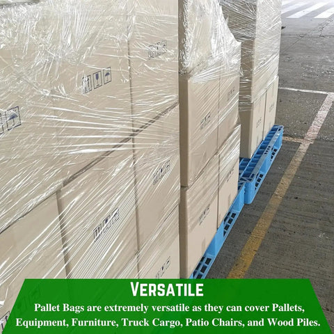 Battle Tested Heavy Duty Clear Pallet Covers 78X155 Inch 2Mil Polyethylene on blue pallet protecting cargo.