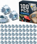 100 Pack 1/4-20 Lock Nuts With External Tooth Washers Heavy Duty Zinc Plated Steel Hardware displayed with packaging and numerous nuts.