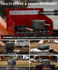 Nonstick Camping Cookware Mess Kit With Foldable Handles used with different stoves, showcasing lightweight design and versatility.