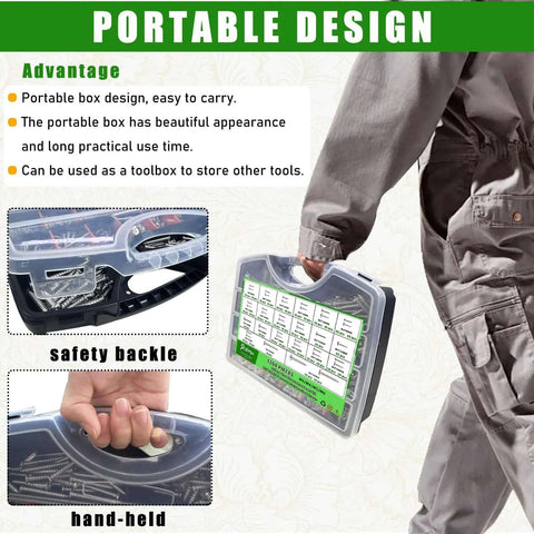 Person holding Stainless Steel Wood Screws Set 1200 Pcs Self Tapping Assortment Kit in portable organizer box