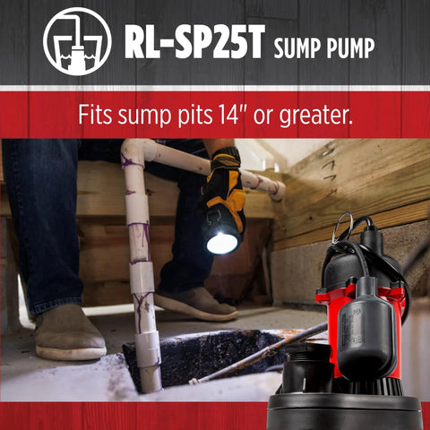 Automatic One Quarter HP Sump Pump With Tethered Float Switch Cranks Out Up To 3088 GPH in a 14 inch sump pit installation.